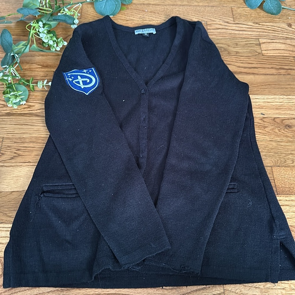 Disney Store Signature Doc & Amelia Black Cardigan Sweater Disney Patch Logo